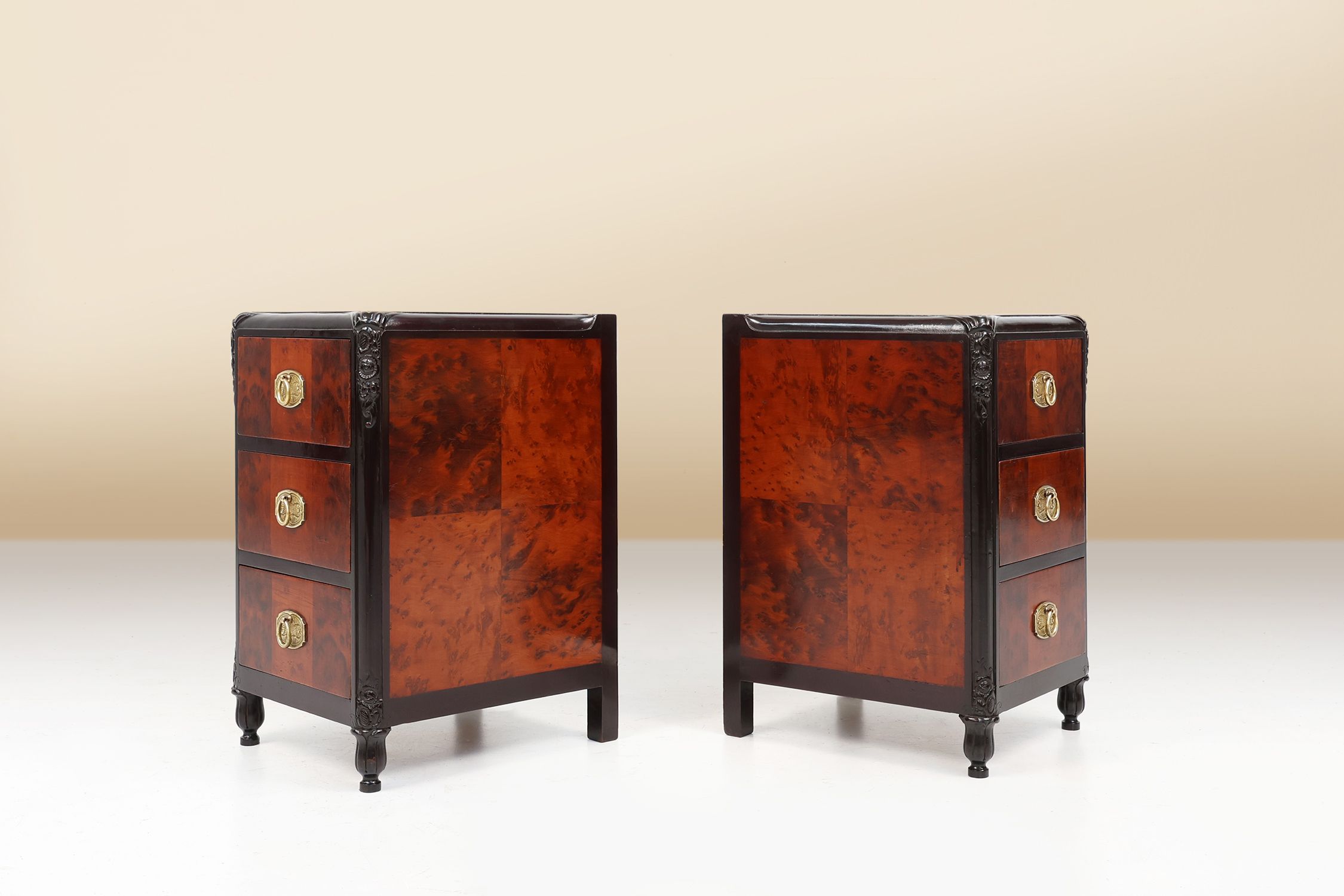 Pair of Art Deco nightstands in burl veneer, oak and copper, France ca. 1910thumbnail